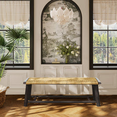 Farmhouse Modern Solid Wood Rattan Bench - 59 Inch Indoor & Covered Outdoor Bench Walnut  Finish Multi-Functional Design