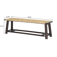 Farmhouse Modern Solid Wood Rattan Bench - 59 Inch Indoor & Covered Outdoor Bench Walnut  Finish Multi-Functional Design