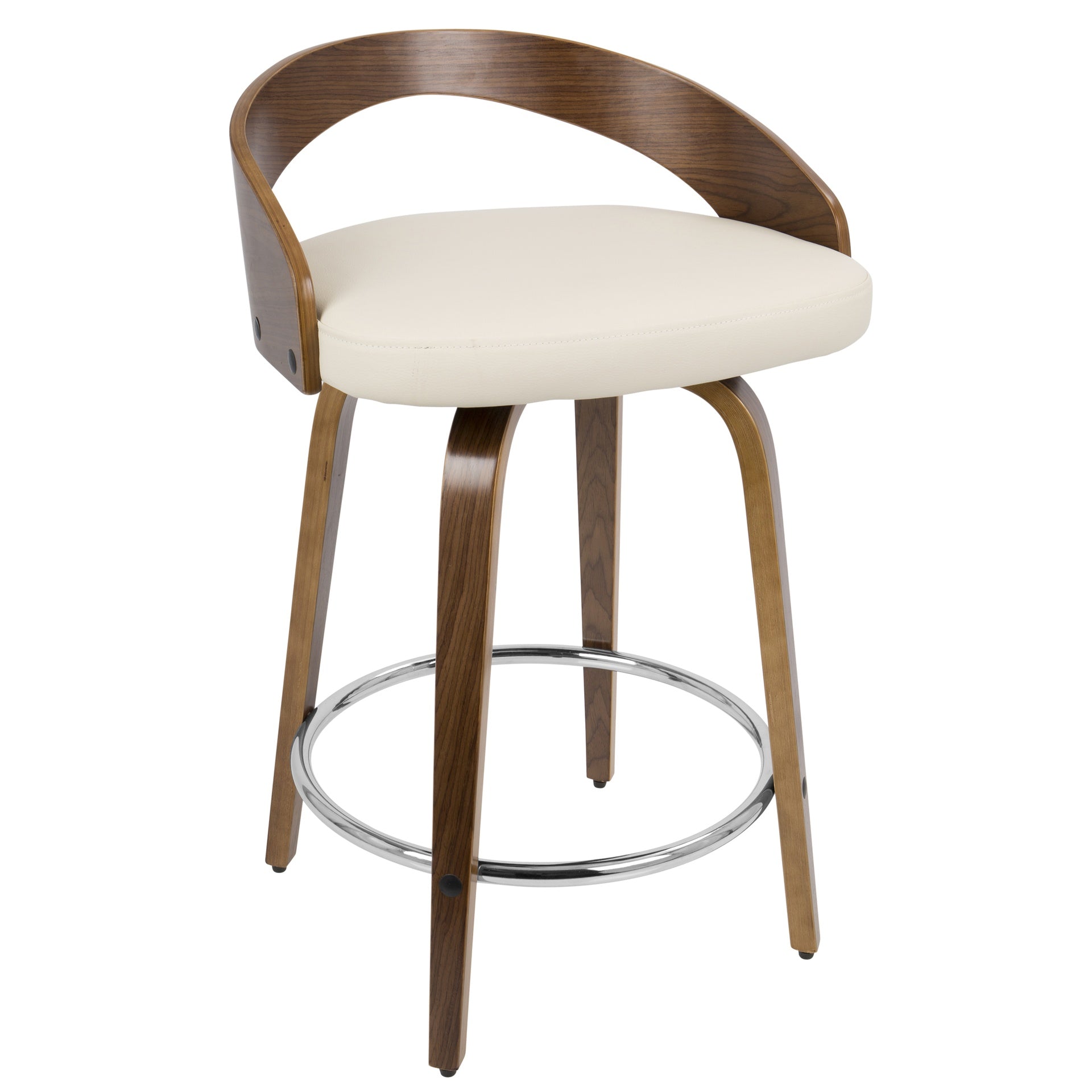 Grotto Mid-Century Modern Counter Stool with Swivel in Walnut with Cream Faux Leather by LumiSource - Set of 2