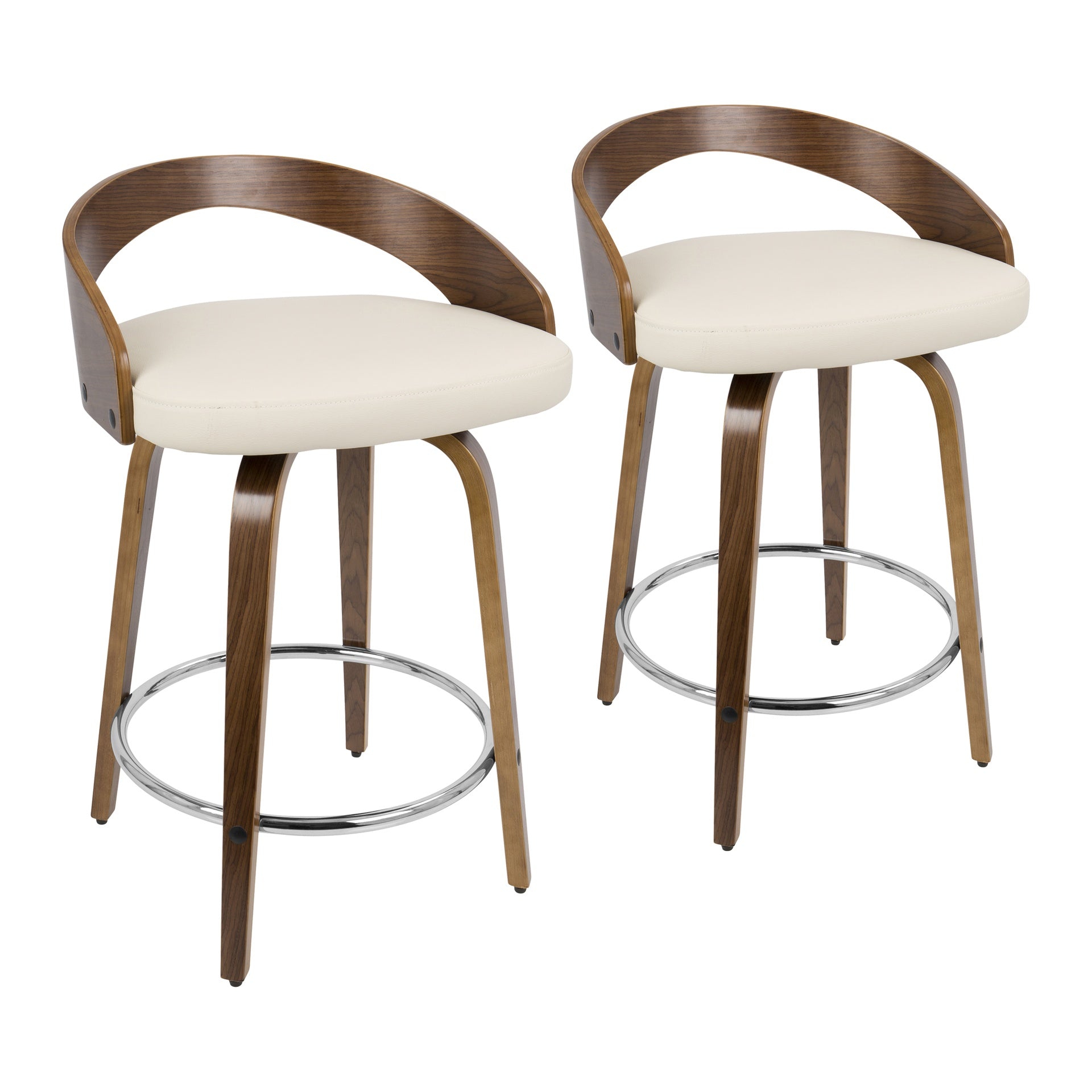 Grotto Mid-Century Modern Counter Stool with Swivel in Walnut with Cream Faux Leather by LumiSource - Set of 2