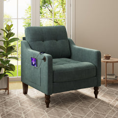 Accent Comfy Chenille Chair w/USB charging port,Mid+,Soft+,High-support Rebound Sponge,Ergonomic Wide Backrest,Retro Wooden Legs, Comfy Upholstered Arm Chair w/Side Storage for Living Room Bedroom.