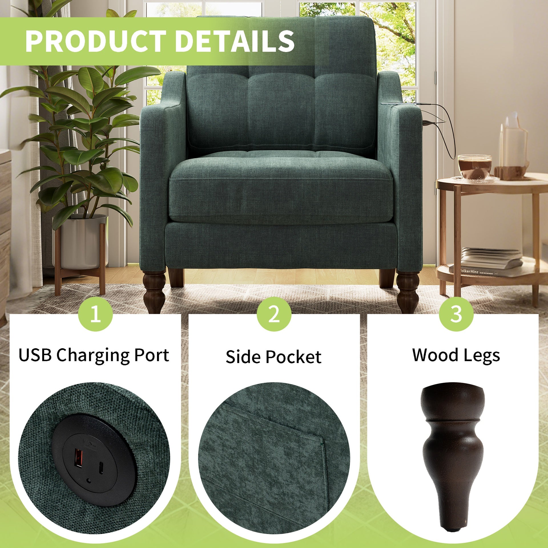 Accent Comfy Chenille Chair w/USB charging port,Mid+,Soft+,High-support Rebound Sponge,Ergonomic Wide Backrest,Retro Wooden Legs, Comfy Upholstered Arm Chair w/Side Storage for Living Room Bedroom.