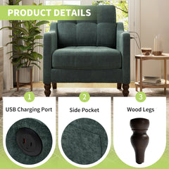 Accent Comfy Chenille Chair w/USB charging port,Mid+,Soft+,High-support Rebound Sponge,Ergonomic Wide Backrest,Retro Wooden Legs, Comfy Upholstered Arm Chair w/Side Storage for Living Room Bedroom.
