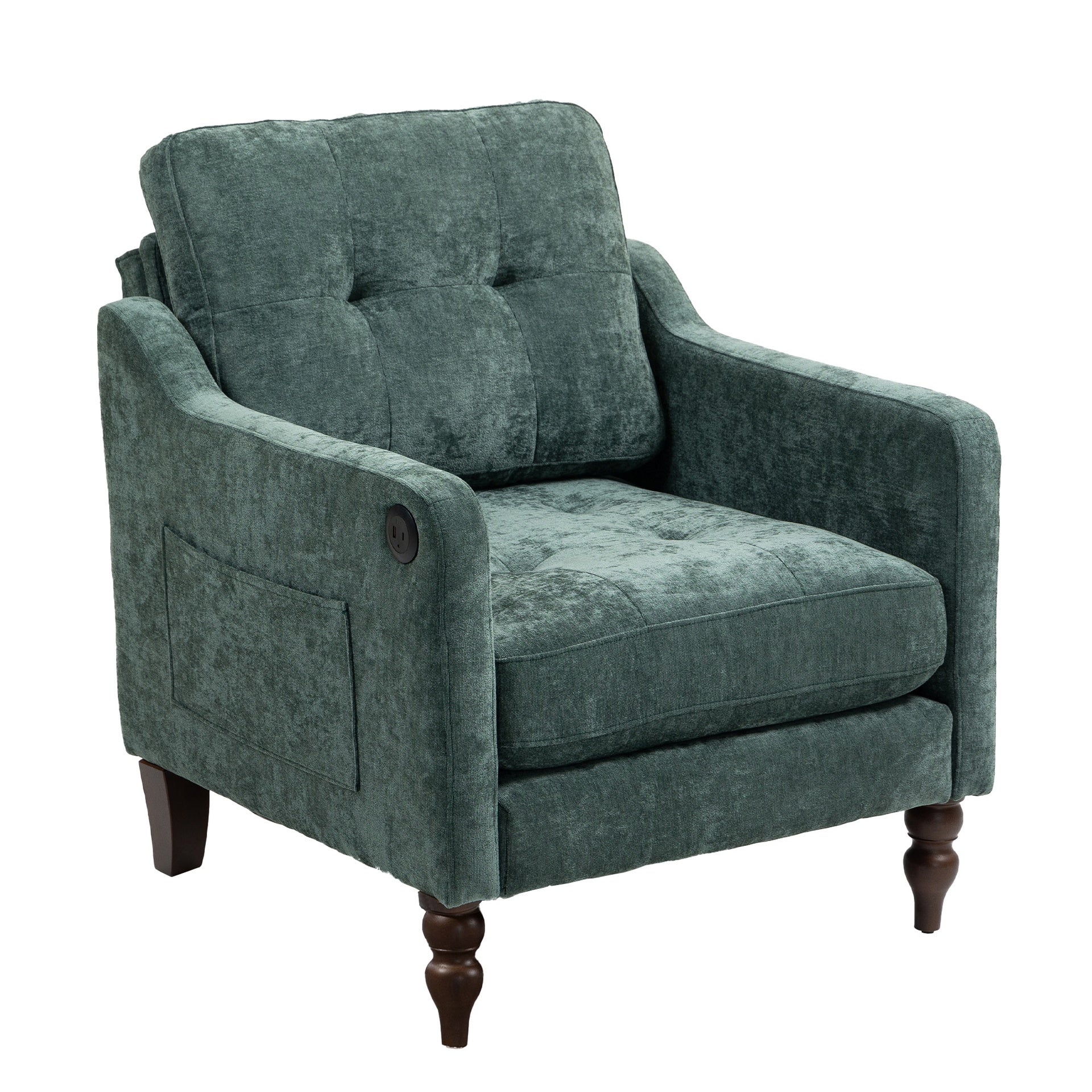 Accent Comfy Chenille Chair w/USB charging port,Mid+,Soft+,High-support Rebound Sponge,Ergonomic Wide Backrest,Retro Wooden Legs, Comfy Upholstered Arm Chair w/Side Storage for Living Room Bedroom.