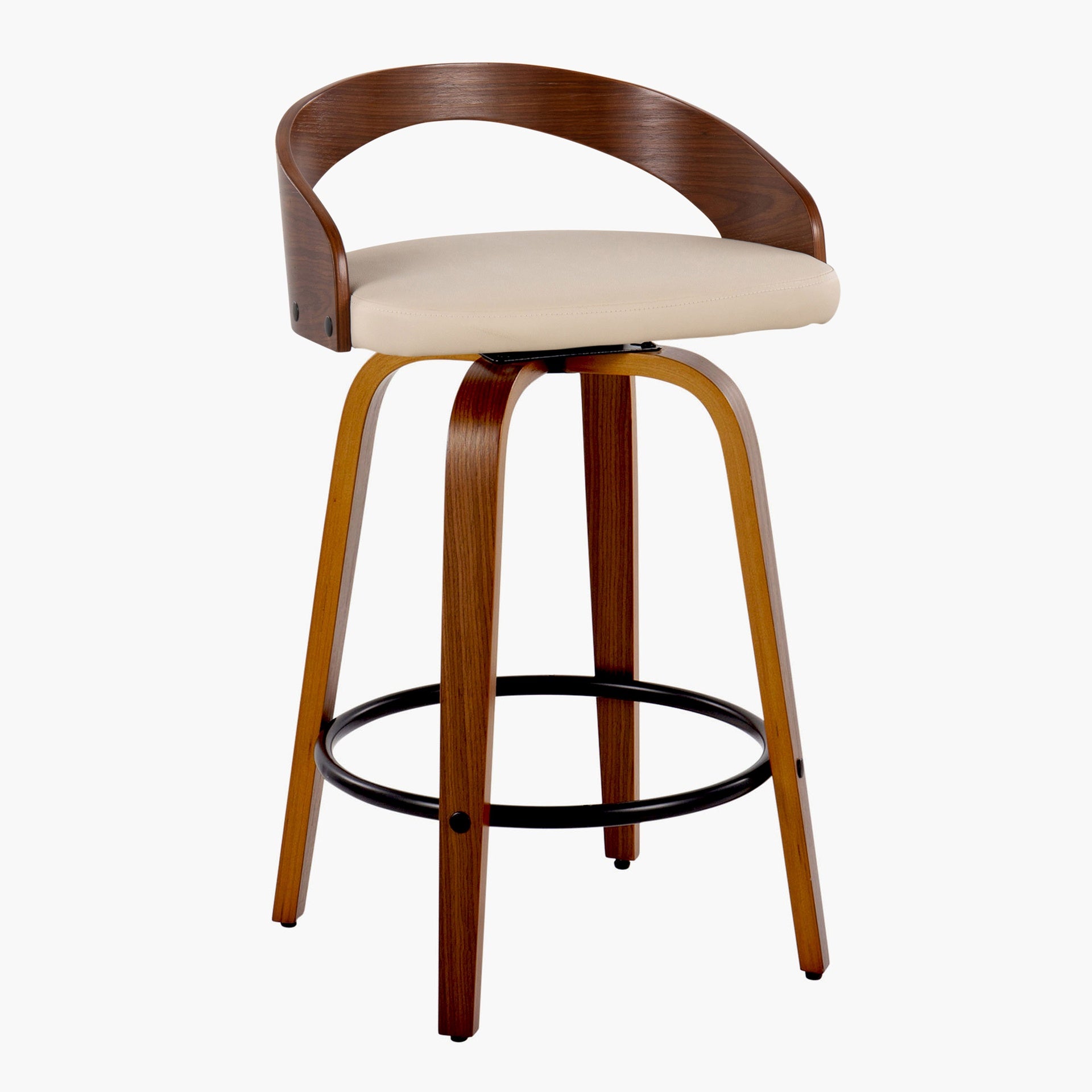 Grotto 26" Mid-Century Modern Fixed-Height Counter Stool with Swivel in Walnut Wood and Cream Faux Leather with Round Black Metal Footrest by LumiSource - Set of 2