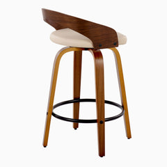 Grotto 26" Mid-Century Modern Fixed-Height Counter Stool with Swivel in Walnut Wood and Cream Faux Leather with Round Black Metal Footrest by LumiSource - Set of 2