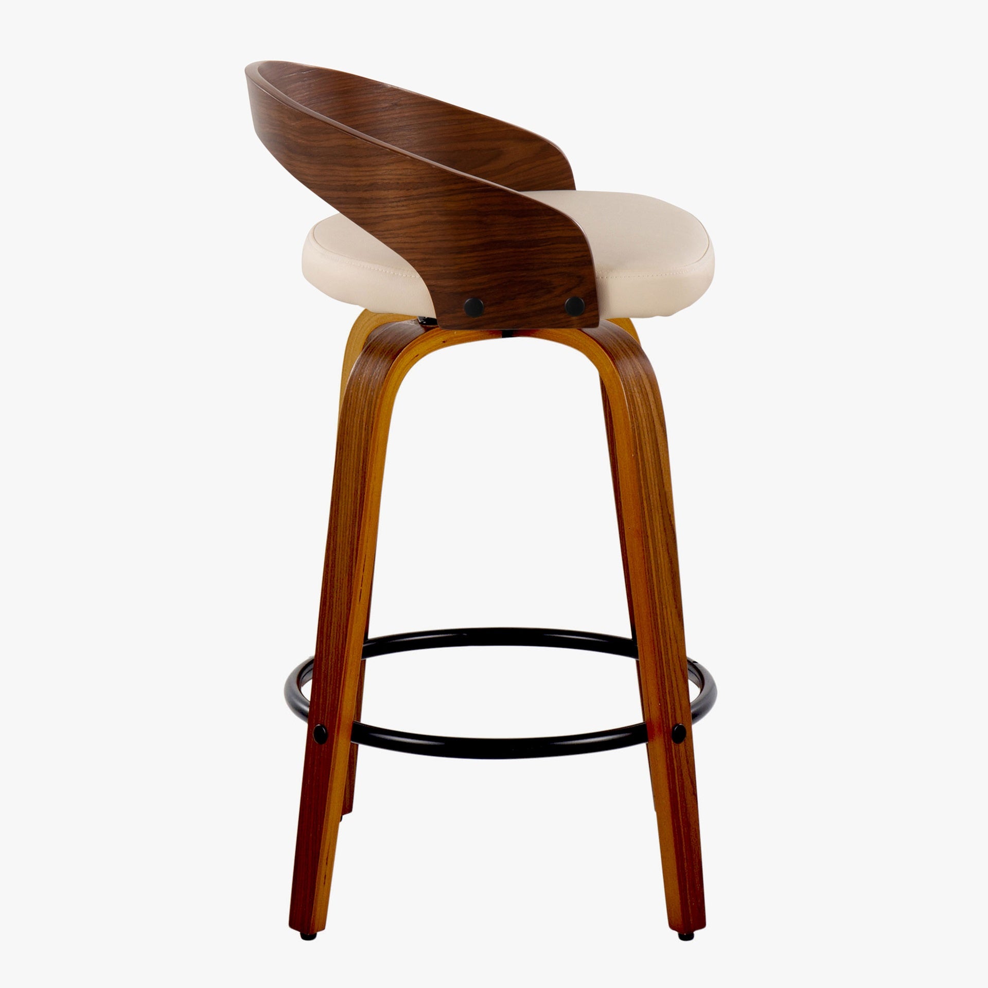 Grotto 26" Mid-Century Modern Fixed-Height Counter Stool with Swivel in Walnut Wood and Cream Faux Leather with Round Black Metal Footrest by LumiSource - Set of 2