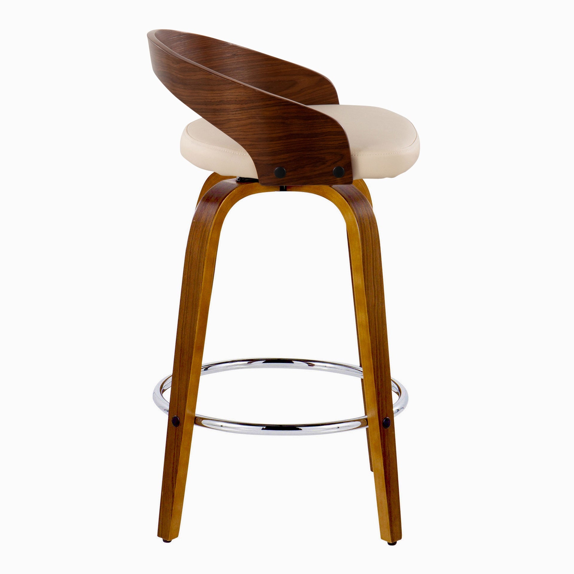 Grotto 26" Mid-Century Modern Fixed-Height Counter Stool with Swivel in Walnut Wood and Cream Faux Leather with Round Chrome Metal Footrest by LumiSource - Set of 2
