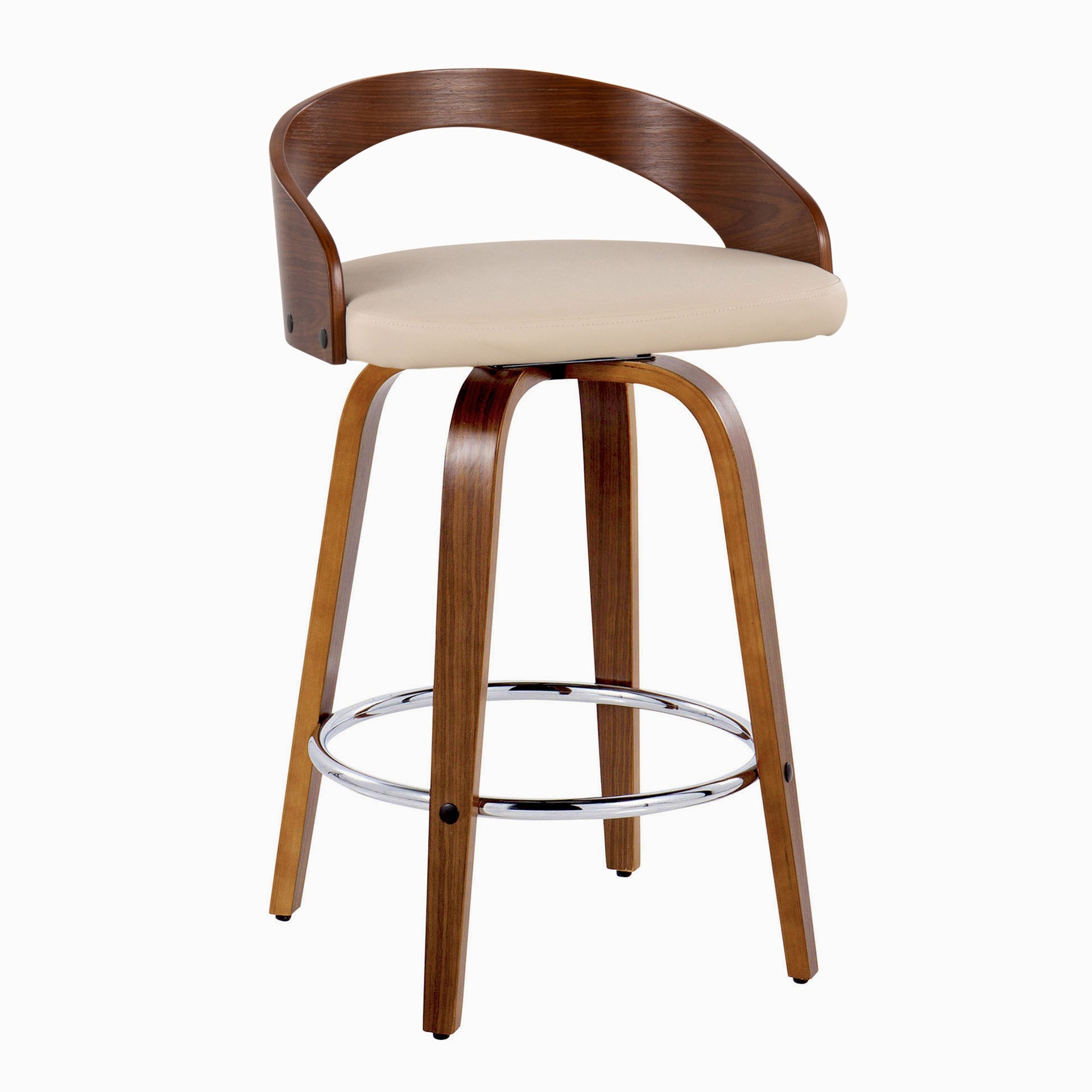 Grotto 26" Mid-Century Modern Fixed-Height Counter Stool with Swivel in Walnut Wood and Cream Faux Leather with Round Chrome Metal Footrest by LumiSource - Set of 2