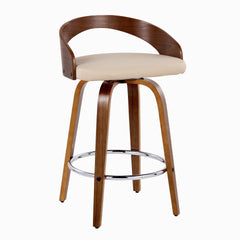 Grotto 26" Mid-Century Modern Fixed-Height Counter Stool with Swivel in Walnut Wood and Cream Faux Leather with Round Chrome Metal Footrest by LumiSource - Set of 2