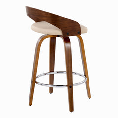 Grotto 26" Mid-Century Modern Fixed-Height Counter Stool with Swivel in Walnut Wood and Cream Faux Leather with Round Chrome Metal Footrest by LumiSource - Set of 2