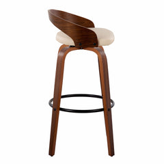 Grotto 30" Mid-Century Modern Fixed-Height Barstool with Swivel in Walnut Wood and Cream Faux Leather with Round Black Metal Footrest by LumiSource - Set of 2