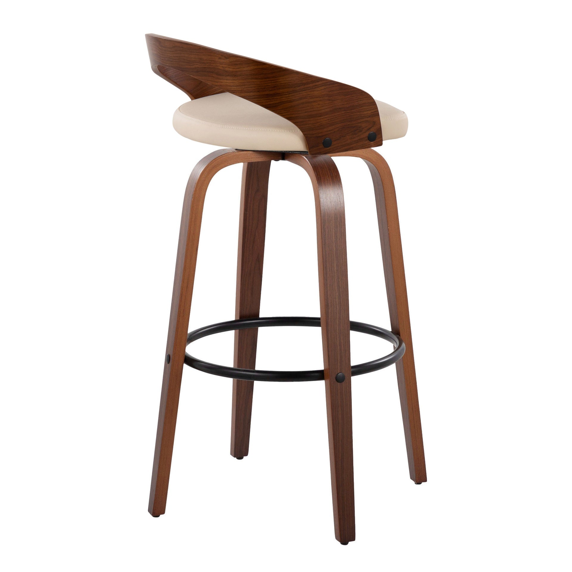 Grotto 30" Mid-Century Modern Fixed-Height Barstool with Swivel in Walnut Wood and Cream Faux Leather with Round Black Metal Footrest by LumiSource - Set of 2