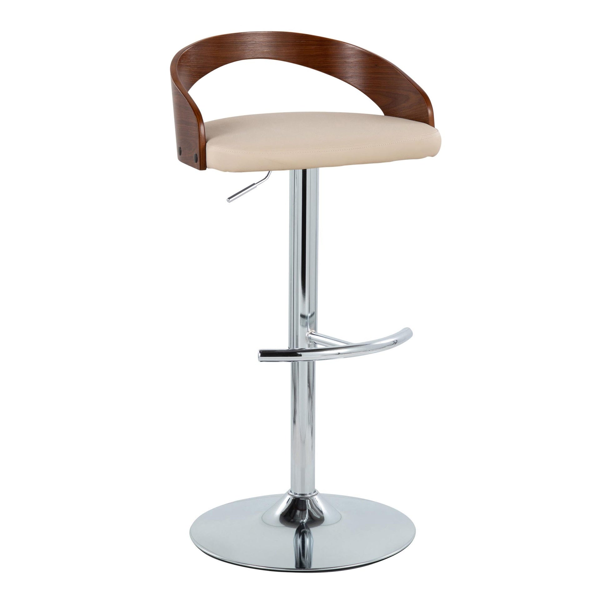 Grotto Contemporary Adjustable Barstool with Swivel in Chrome Metal, Walnut Wood and Cream Faux Leather with Rounded T Footrest by LumiSource - Set of 2