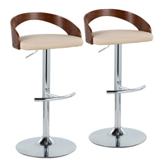 Grotto Contemporary Adjustable Barstool with Swivel in Chrome Metal, Walnut Wood and Cream Faux Leather with Rounded T Footrest by LumiSource - Set of 2