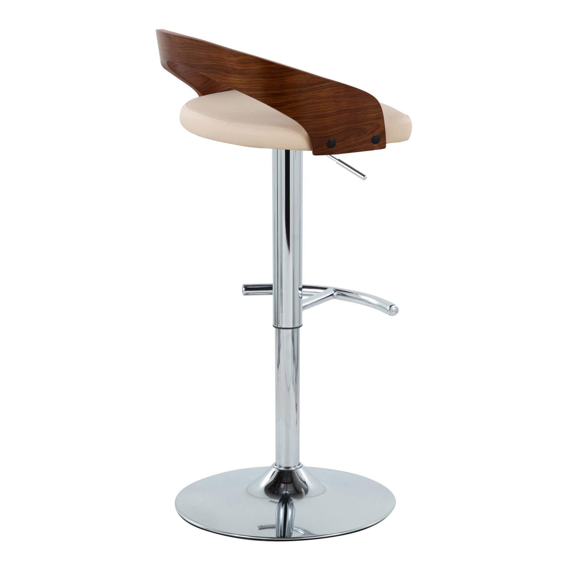 Grotto Contemporary Adjustable Barstool with Swivel in Chrome Metal, Walnut Wood and Cream Faux Leather with Rounded T Footrest by LumiSource - Set of 2