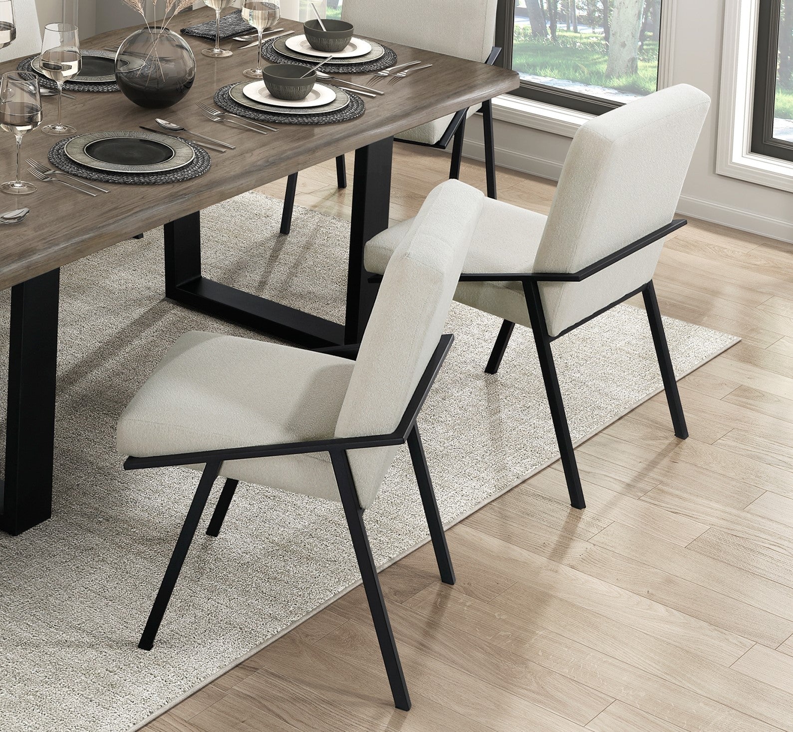 Modern Contemporary 7pc Dining Set Black Metal Base Table and 6x Side Chairs Cream Fabric Upholstered Furniture