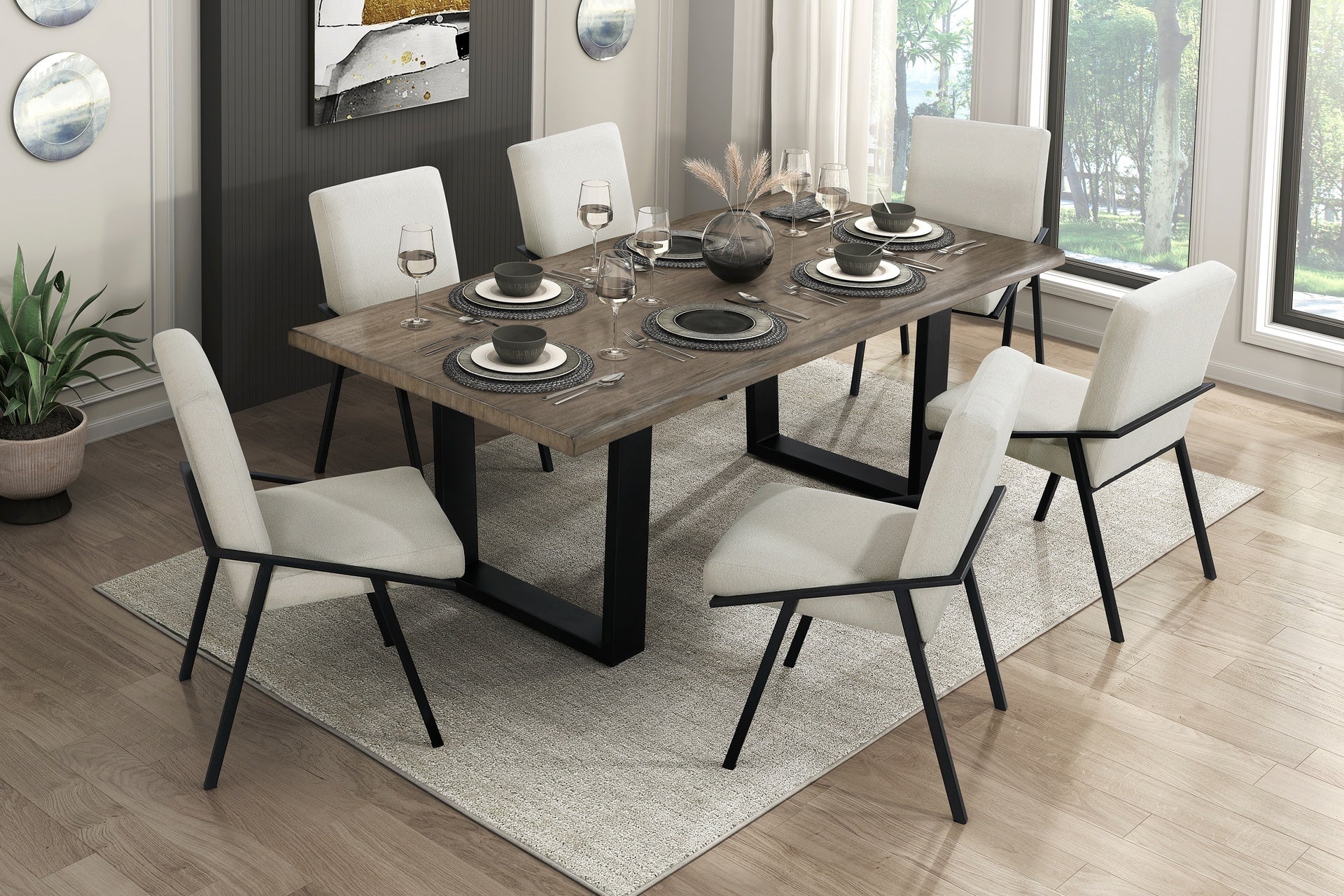 Modern Contemporary 7pc Dining Set Black Metal Base Table and 6x Side Chairs Cream Fabric Upholstered Furniture