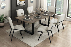 Modern Contemporary 7pc Dining Set Black Metal Base Table and 6x Side Chairs Cream Fabric Upholstered Furniture