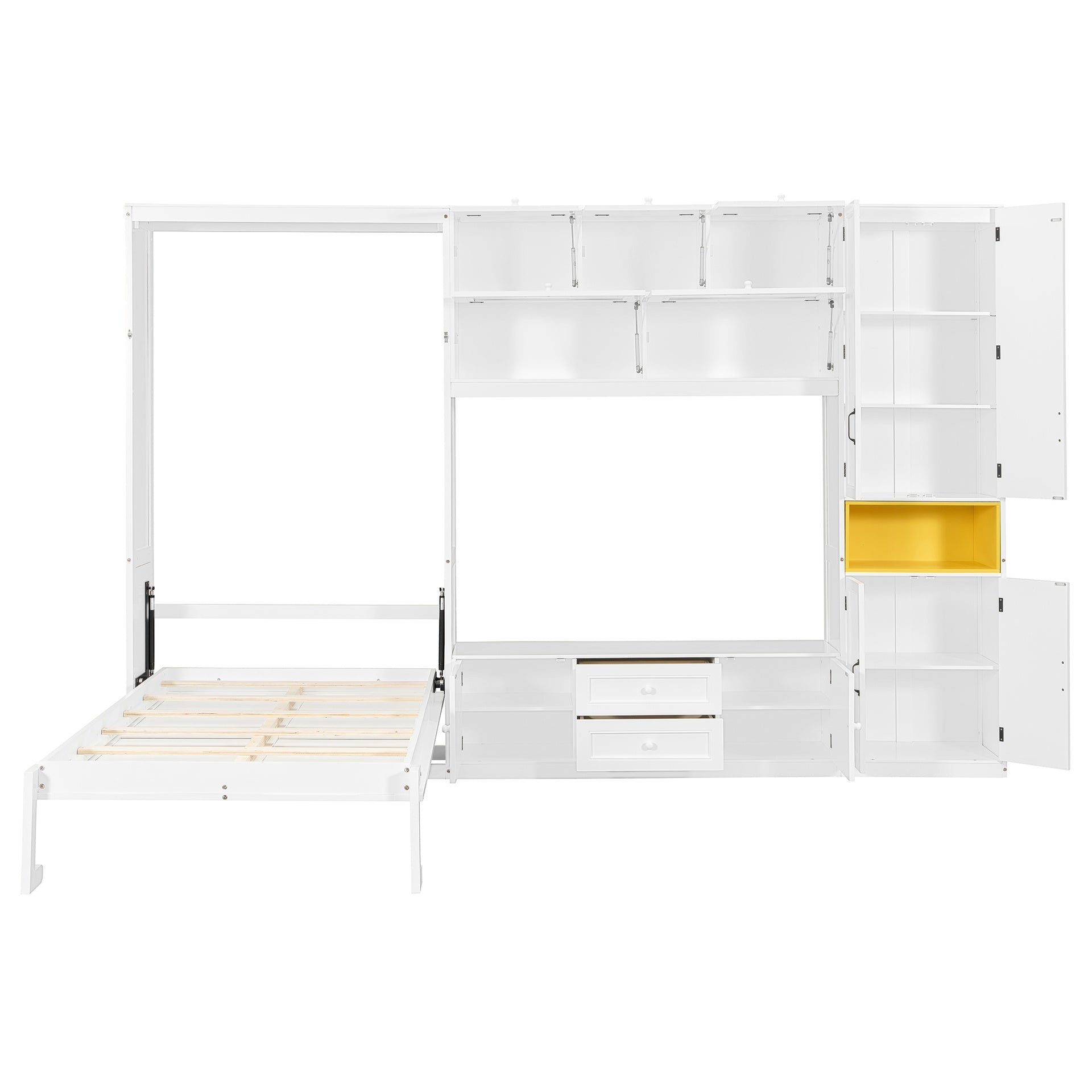 Twin Size Wooden Murphy Bed with TV Stand, 2 Drawers, Shelves, and Cabinets, White