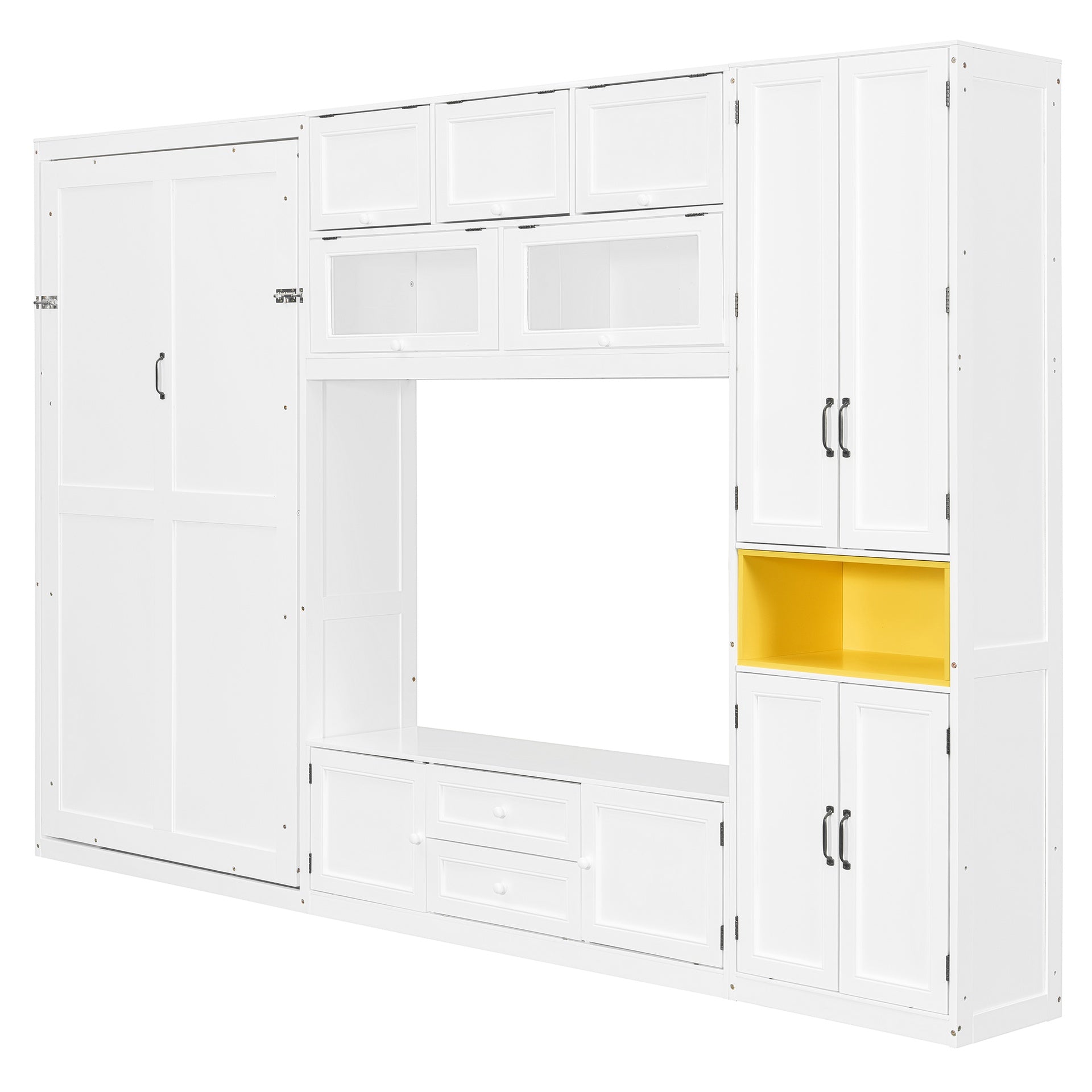 Twin Size Wooden Murphy Bed with TV Stand, 2 Drawers, Shelves, and Cabinets, White