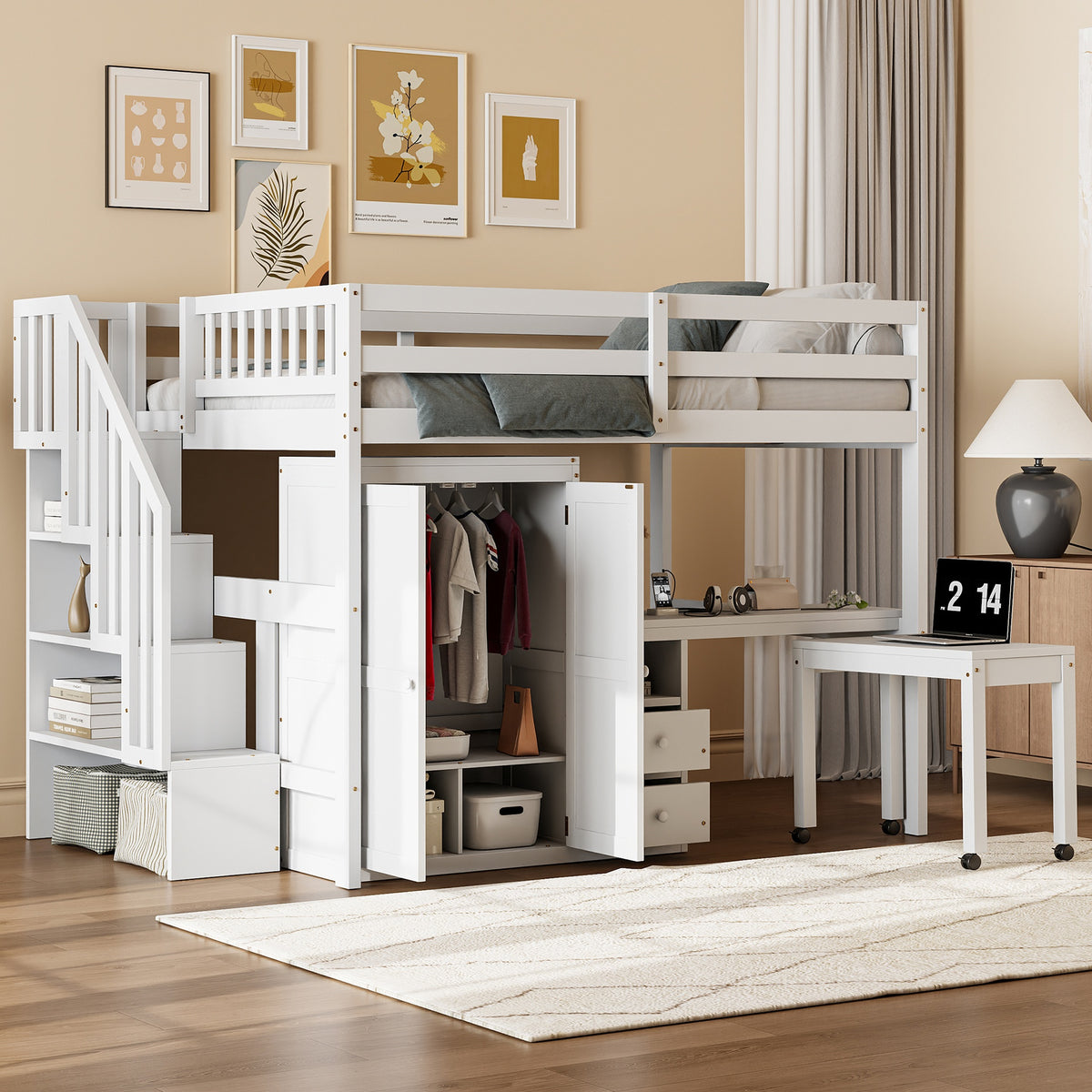 Full Size Loft Bed with Stairs, Bookshelf, Drawers, Desk & Wardrobe – Space-Saving Multifunctional Furniture for Kids & Teens-White