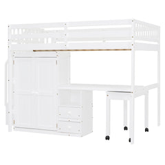 Full Size Loft Bed with Stairs, Bookshelf, Drawers, Desk & Wardrobe – Space-Saving Multifunctional Furniture for Kids & Teens-White
