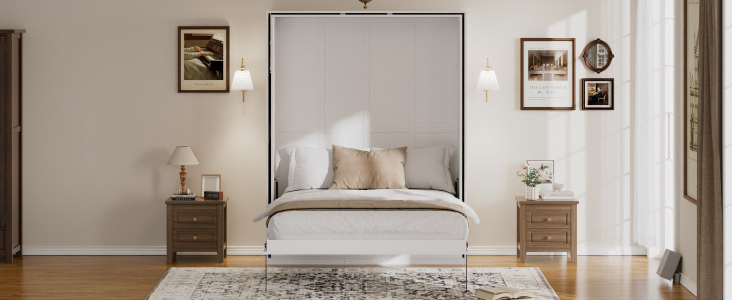 Rotating Queen Murphy Bed with Hidden Storage Racks, Space-Saving Multifunctional Wall Bed for Home Office & Small Rooms, White