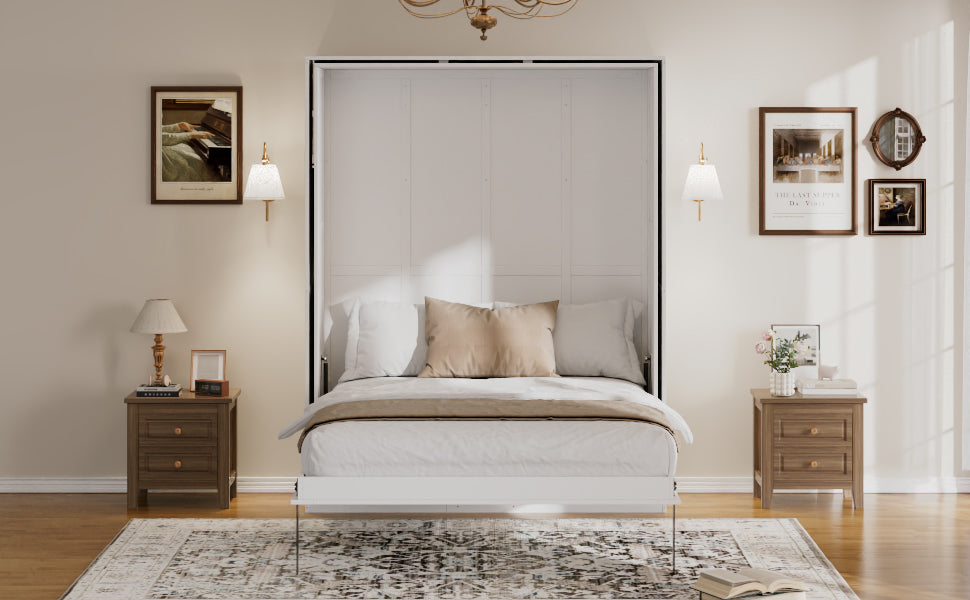 Rotating Queen Murphy Bed with Hidden Storage Racks, Space-Saving Multifunctional Wall Bed for Home Office & Small Rooms, White