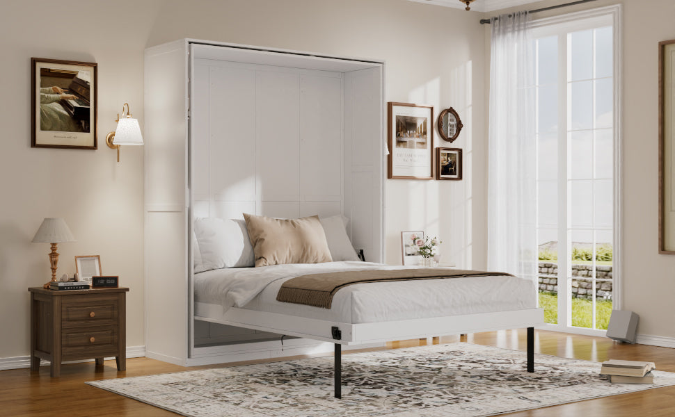 Rotating Queen Murphy Bed with Hidden Storage Racks, Space-Saving Multifunctional Wall Bed for Home Office & Small Rooms, White