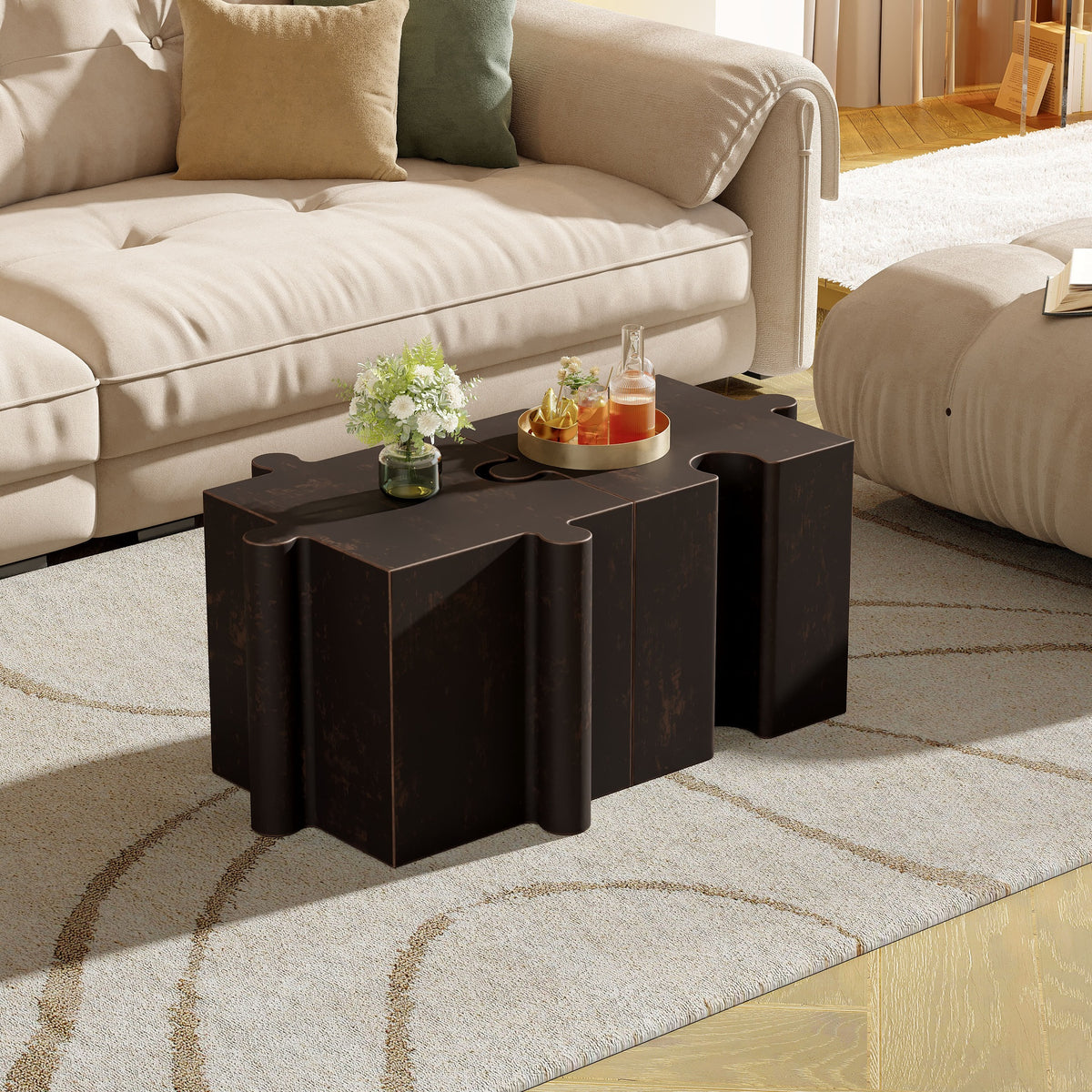 2-Piece Artistic Puzzle Table Set,Modular MGO Side Tables with Interlocking Design (1 Convex & 1 Concave), 200lb Capacity for Indoor & Outdoor, Antique Copper Color
