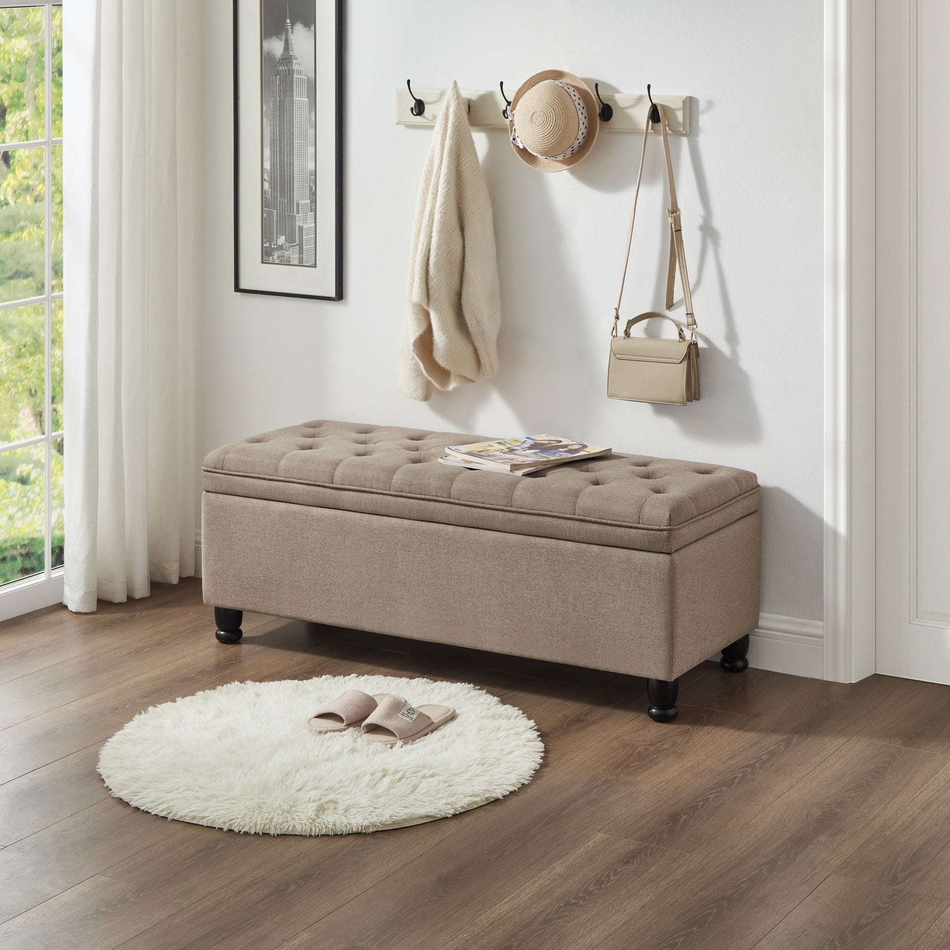 Upholstered tufted button storage bench ,Linen fabric entry bench with spindle wooden legs, Bed bench- Linen