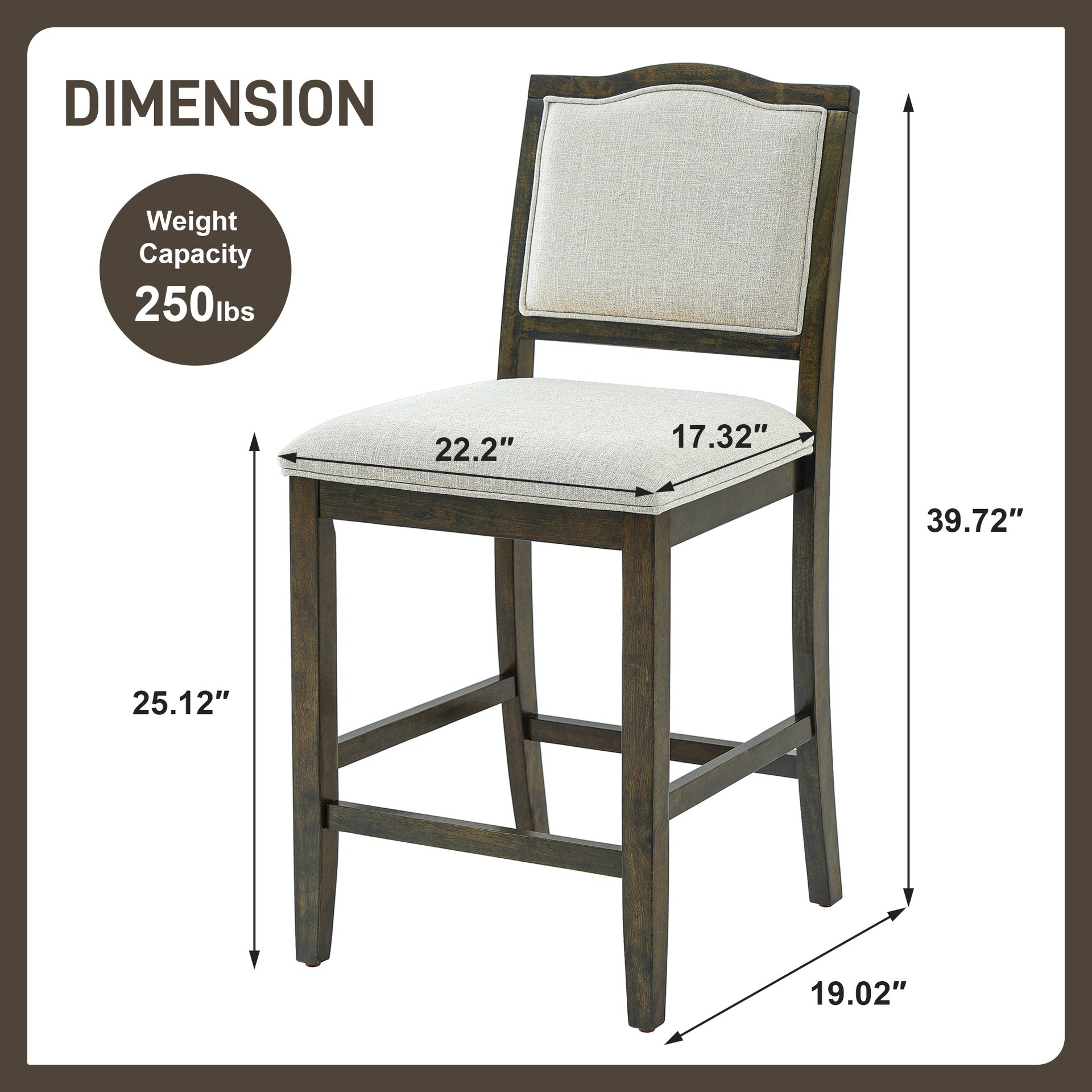Counter Height Bar Stools Set of 2 - Rustic 2 Pack Bar Stools with Rubber Wood Frame, Ergonomic Backrest, Versatile for Kitchen Island, Dining Room, Brown