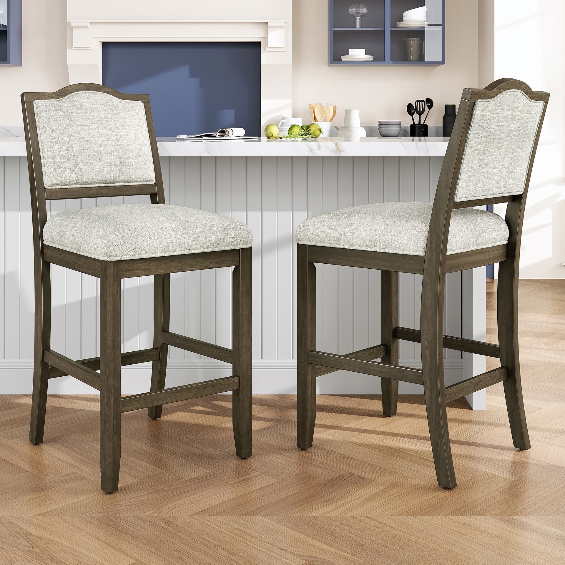Counter Height Bar Stools Set of 2 - Rustic 2 Pack Bar Stools with Rubber Wood Frame, Ergonomic Backrest, Versatile for Kitchen Island, Dining Room, Brown