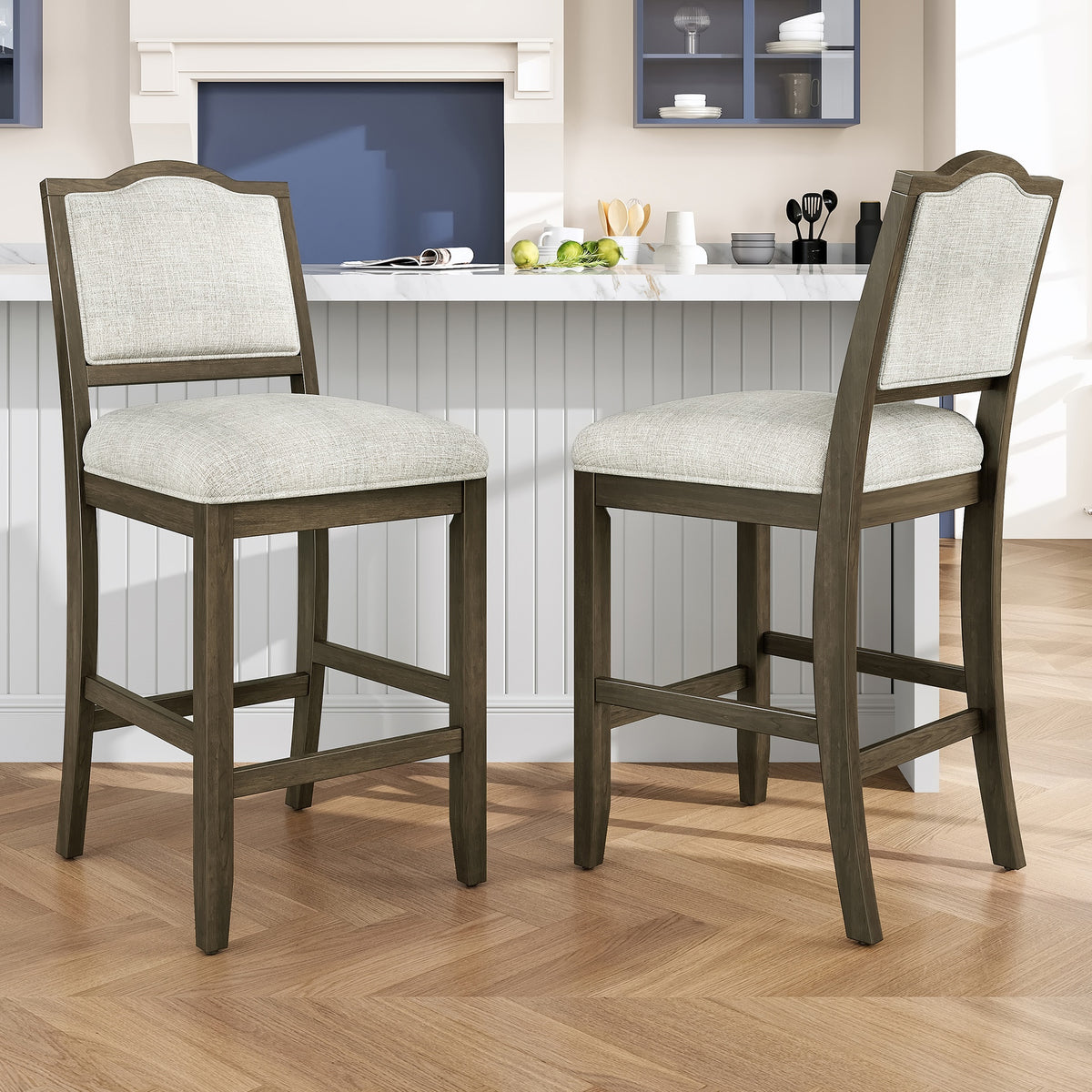 Counter Height Bar Stools Set of 2 - Rustic 2 Pack Bar Stools with Rubber Wood Frame, Ergonomic Backrest, Versatile for Kitchen Island, Dining Room, Brown
