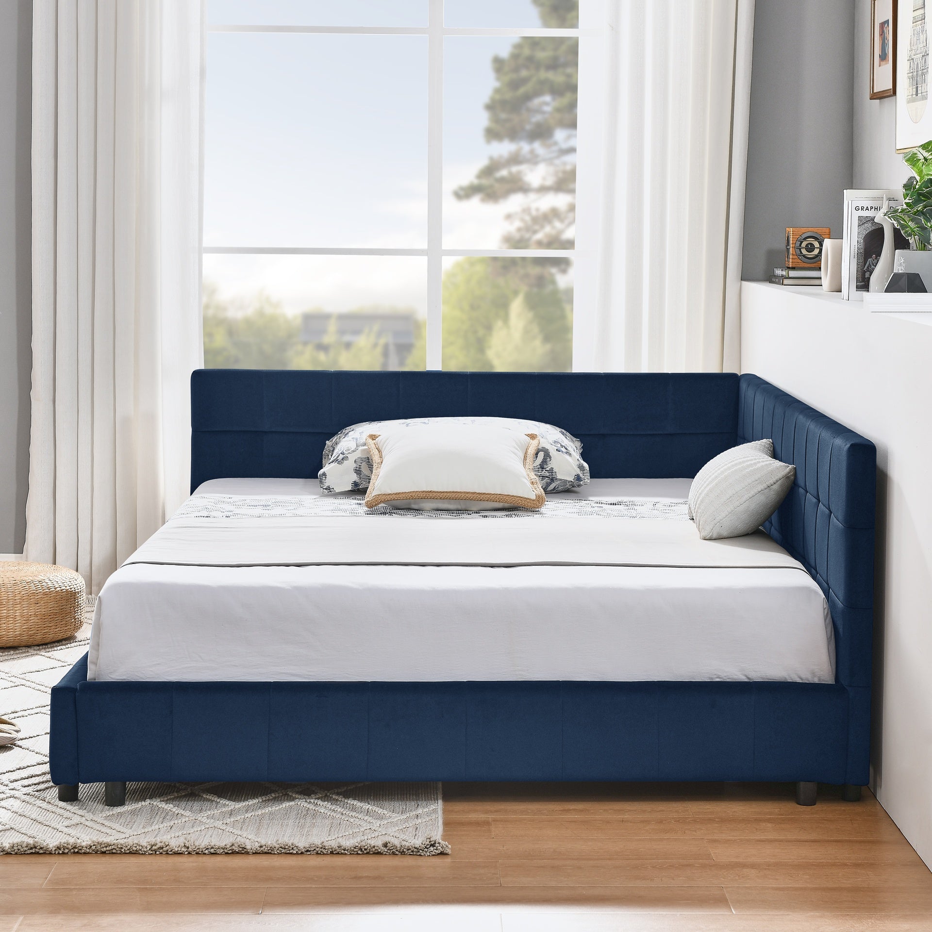 Full Size Upholstered Tufted  Bed Frame, Sofa Bed Frame with Comfortable Backrest and Armrests, Full Size Bed for Bedroom, Living Room,Velvet, Dark blue(80.5''*59''*30.5'')