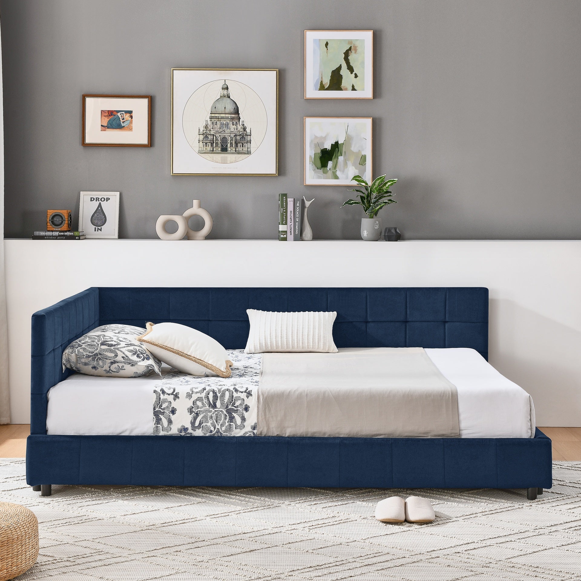 Full Size Upholstered Tufted  Bed Frame, Sofa Bed Frame with Comfortable Backrest and Armrests, Full Size Bed for Bedroom, Living Room,Velvet, Dark blue(80.5''*59''*30.5'')