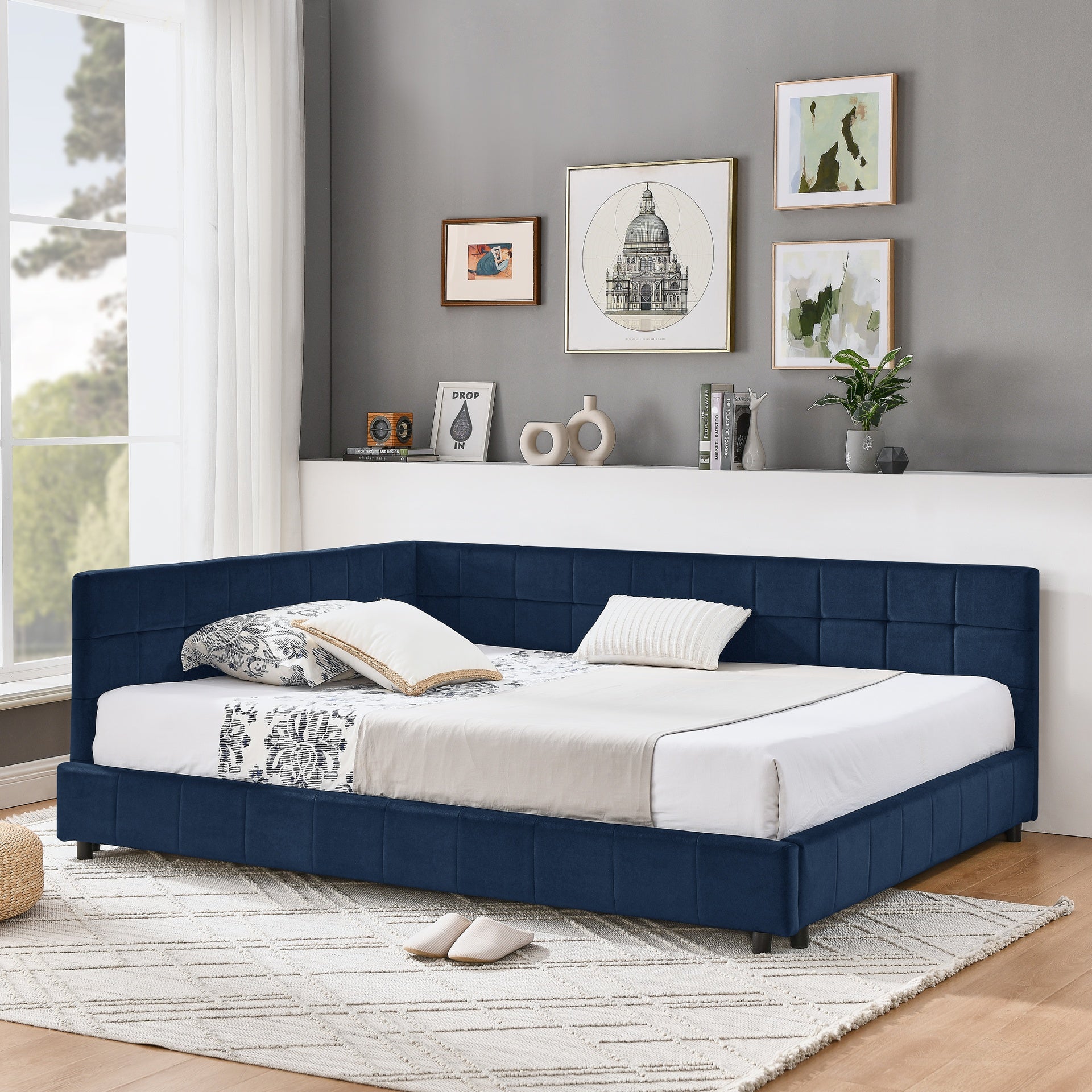 Full Size Upholstered Tufted  Bed Frame, Sofa Bed Frame with Comfortable Backrest and Armrests, Full Size Bed for Bedroom, Living Room,Velvet, Dark blue(80.5''*59''*30.5'')
