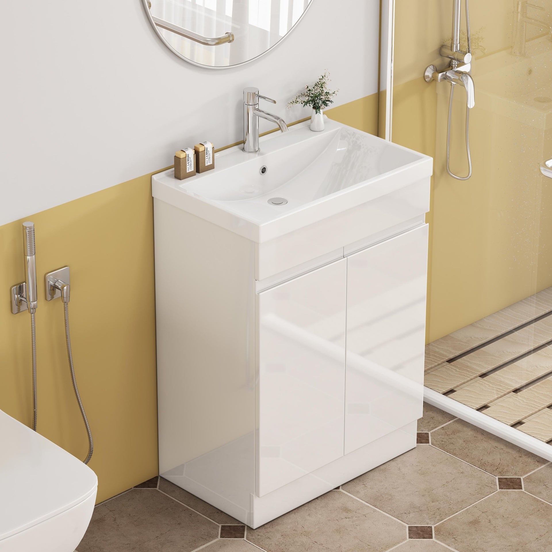 24-Inch Bathroom Vanity With Sink Combo , 2 Doors Bathroom Cabinet, With Shelf  ,Handle Free Design,Unique Thick-Edged Ceramic Basin,Soft Close System Hinge,Easy Assemble,Glossy White