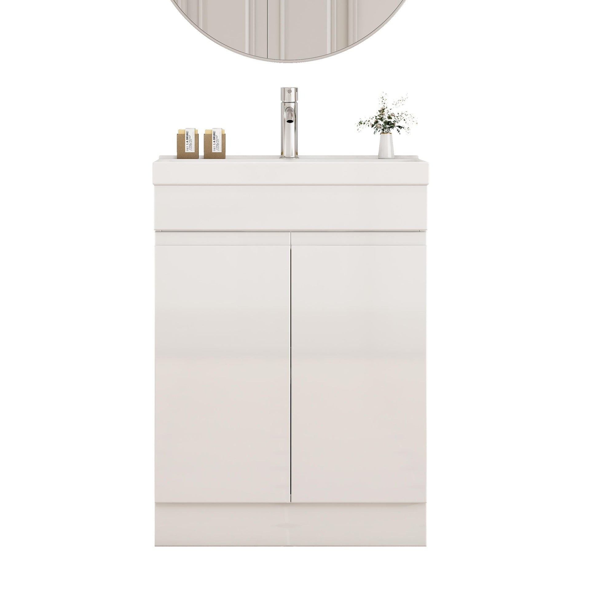 24-Inch Bathroom Vanity With Sink Combo , 2 Doors Bathroom Cabinet, With Shelf  ,Handle Free Design,Unique Thick-Edged Ceramic Basin,Soft Close System Hinge,Easy Assemble,Glossy White