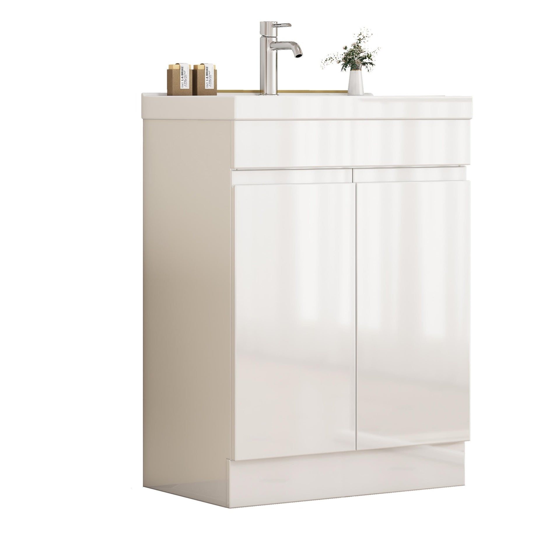 24-Inch Bathroom Vanity With Sink Combo , 2 Doors Bathroom Cabinet, With Shelf  ,Handle Free Design,Unique Thick-Edged Ceramic Basin,Soft Close System Hinge,Easy Assemble,Glossy White