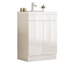 24-Inch Bathroom Vanity With Sink Combo , 2 Doors Bathroom Cabinet, With Shelf  ,Handle Free Design,Unique Thick-Edged Ceramic Basin,Soft Close System Hinge,Easy Assemble,Glossy White