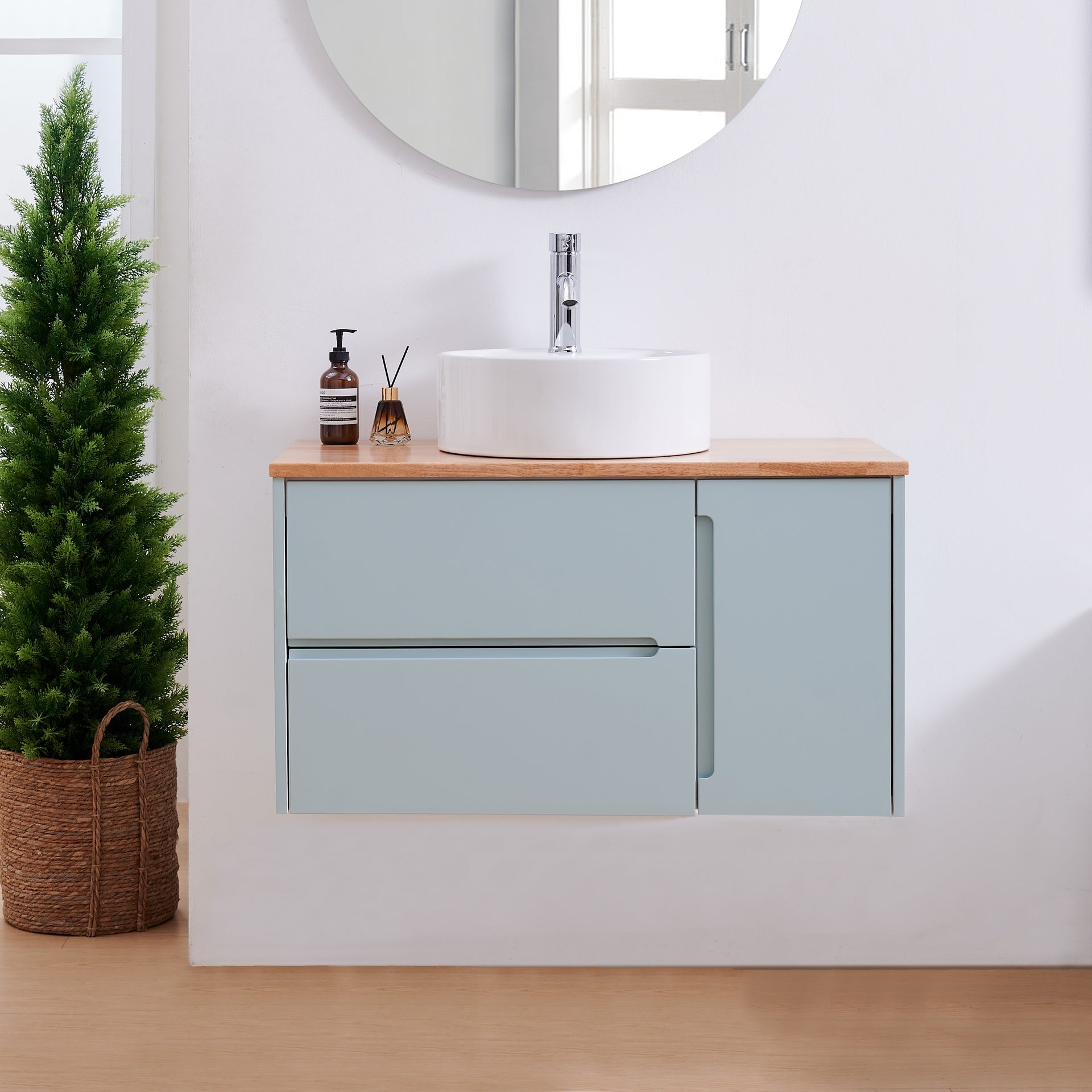 36-Inch Double Drawer + Single Door Wall-Mounted Bathroom Vanity .Blue Cabinet + Solid Wood Natural Top,Round Art Ceramic Sink Modern Minimalist Design,For Bathroom