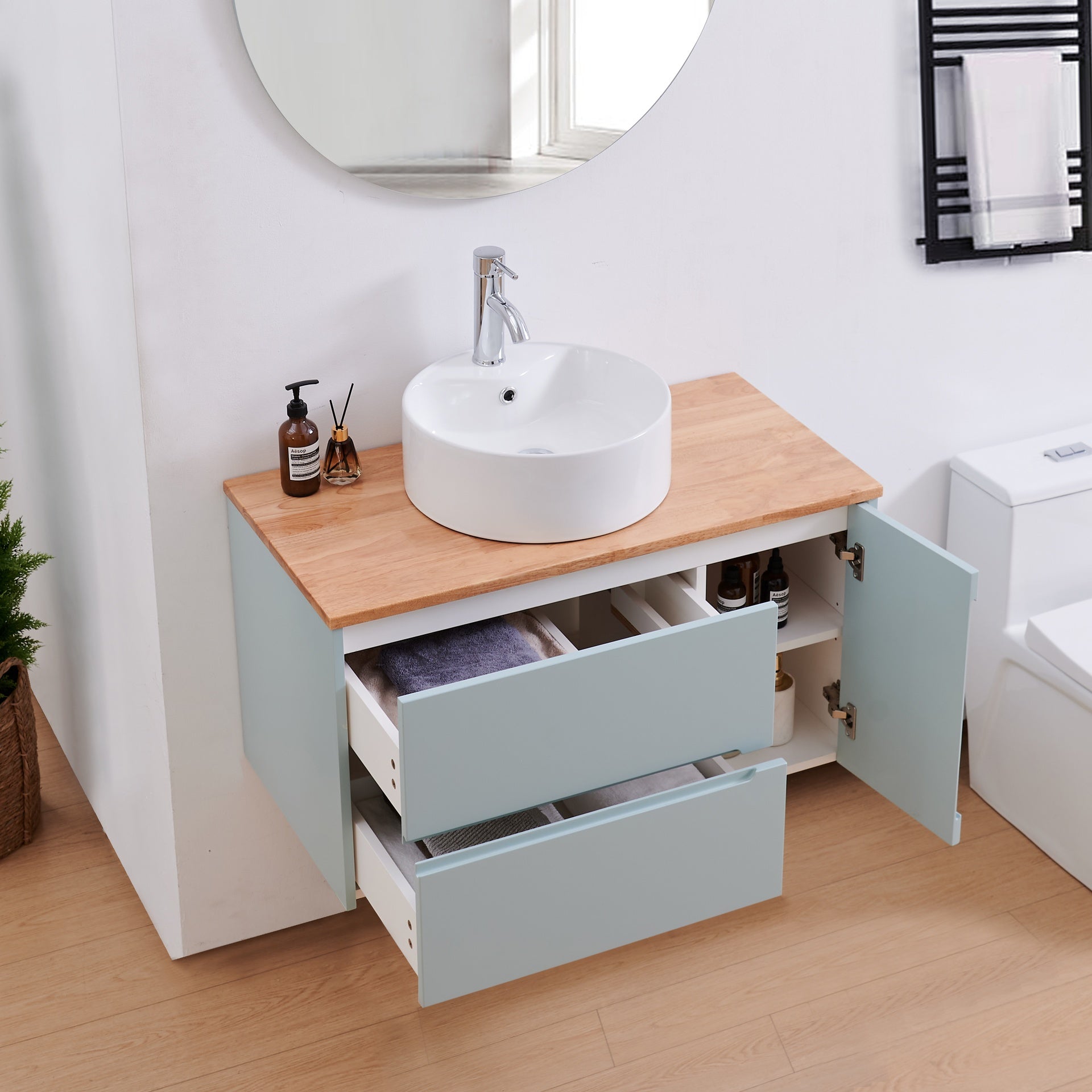36-Inch Double Drawer + Single Door Wall-Mounted Bathroom Vanity .Blue Cabinet + Solid Wood Natural Top,Round Art Ceramic Sink Modern Minimalist Design,For Bathroom
