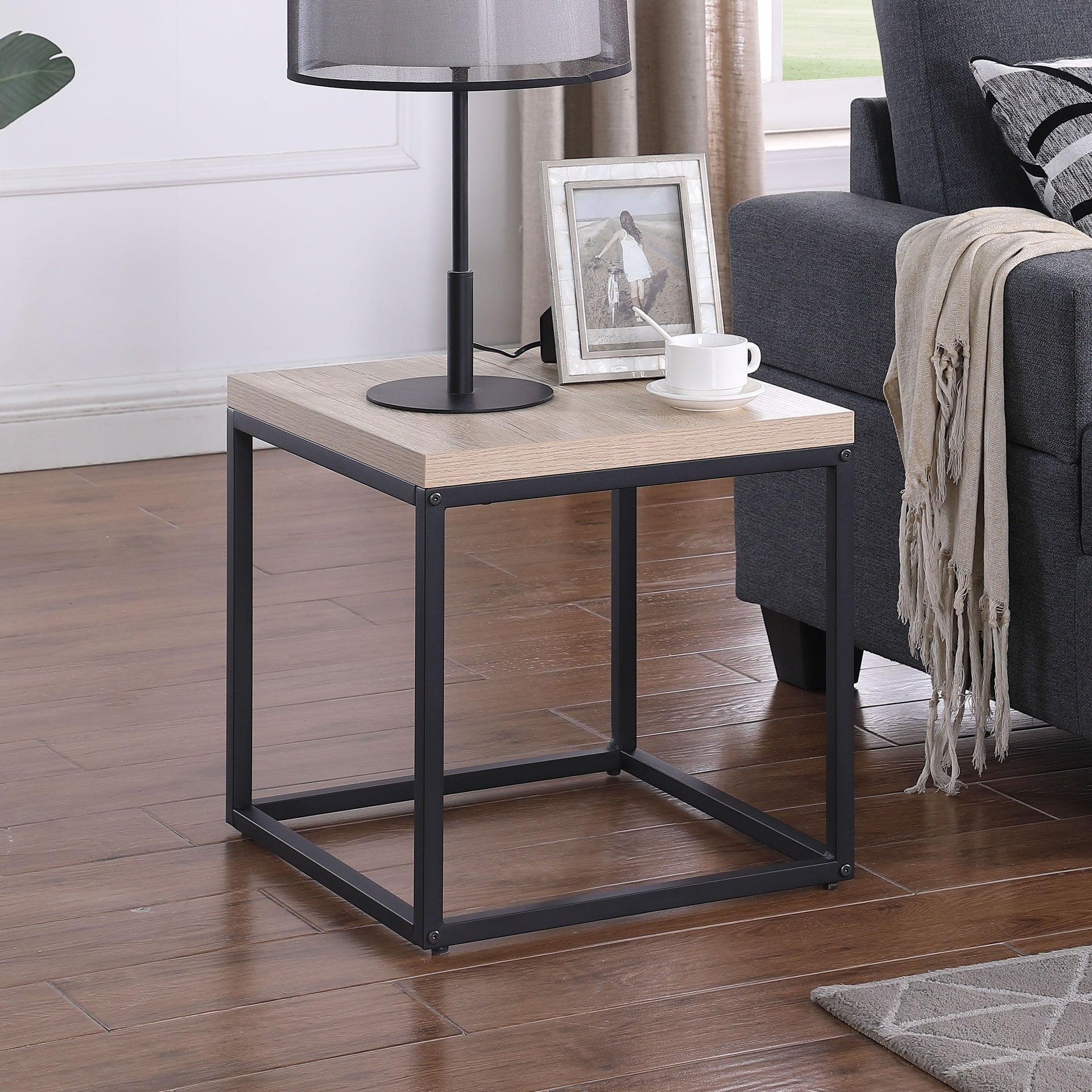 End Table Side Table,Square Wood and Metal Nightstand,Storage Small End Table, for Living Room Bedroom, Natural Oak