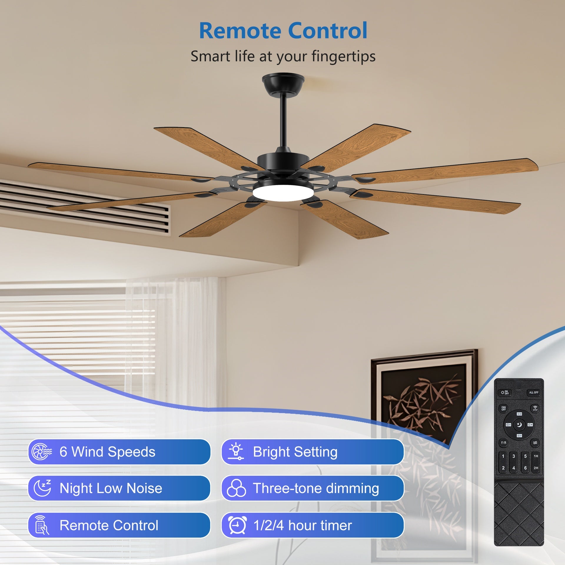 72-Inch 8-Blade Large Ceiling Fan,Reversible Quiet DC Motor,Indoor/Outdoor Modern Ceiling Fan,Suitable for Kitchen,Living Room and Terrace,Black.