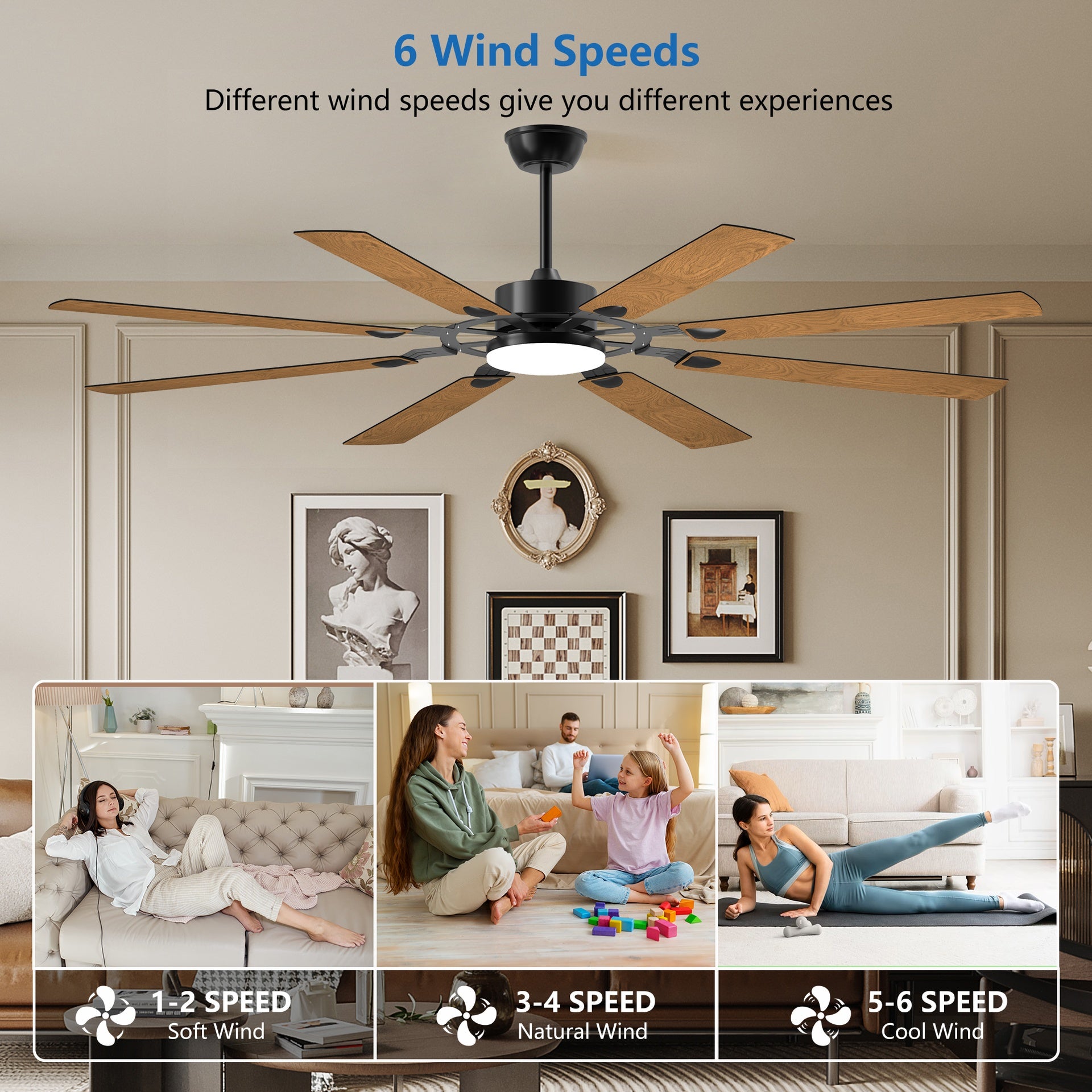 72-Inch 8-Blade Large Ceiling Fan,Reversible Quiet DC Motor,Indoor/Outdoor Modern Ceiling Fan,Suitable for Kitchen,Living Room and Terrace,Black.
