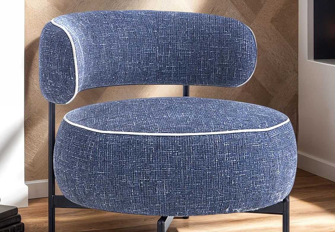 Contemporary Style Swivel Chair Metal Legs Contrast Welt Curved Backrest Dark Blue Finish