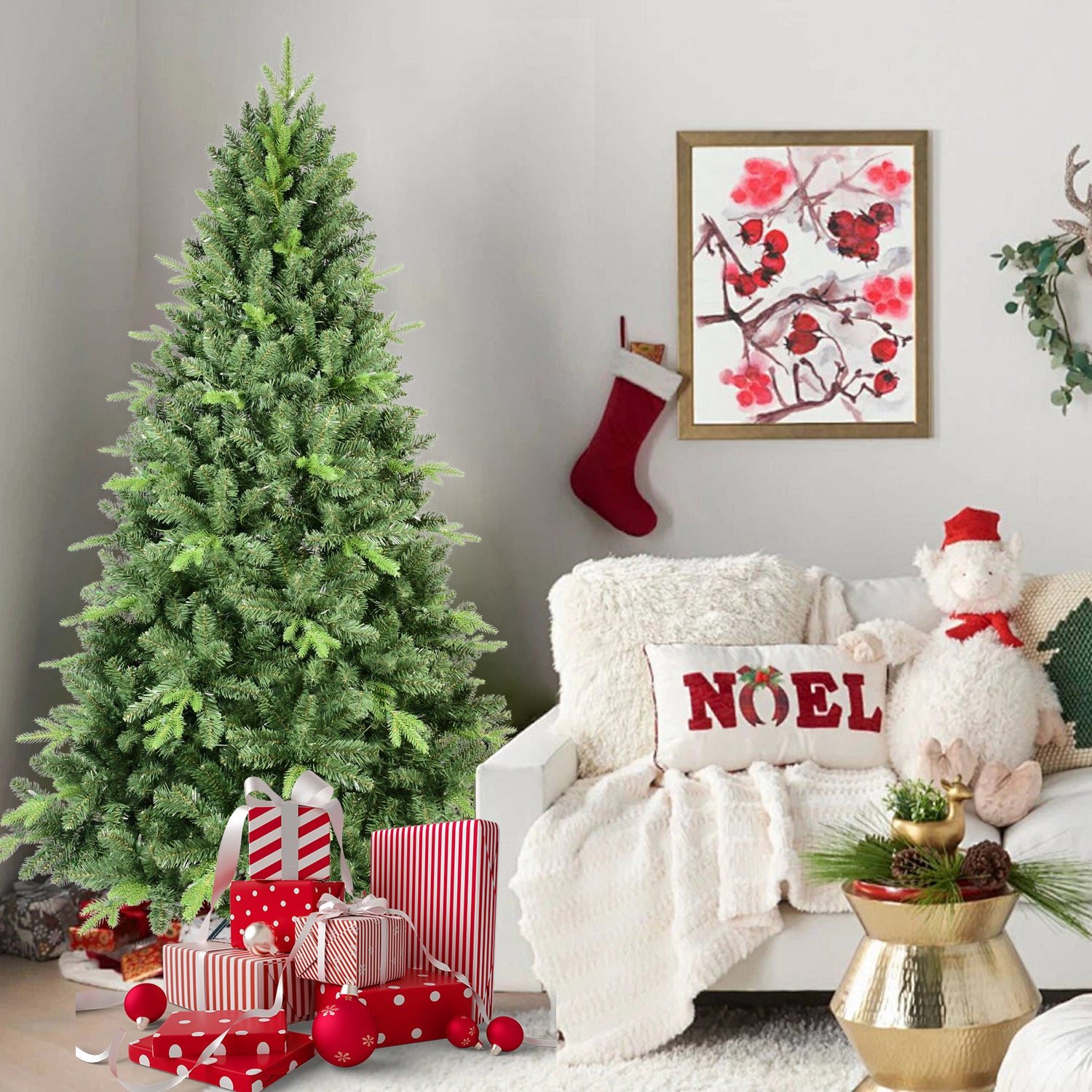 7.5FT Classic Christmas Tree with 2155 PE+PVC Tips – Realistic Hinged Branches, Easy Assembly, Stable Metal Stand, Full Natural Look for Holiday Decorating