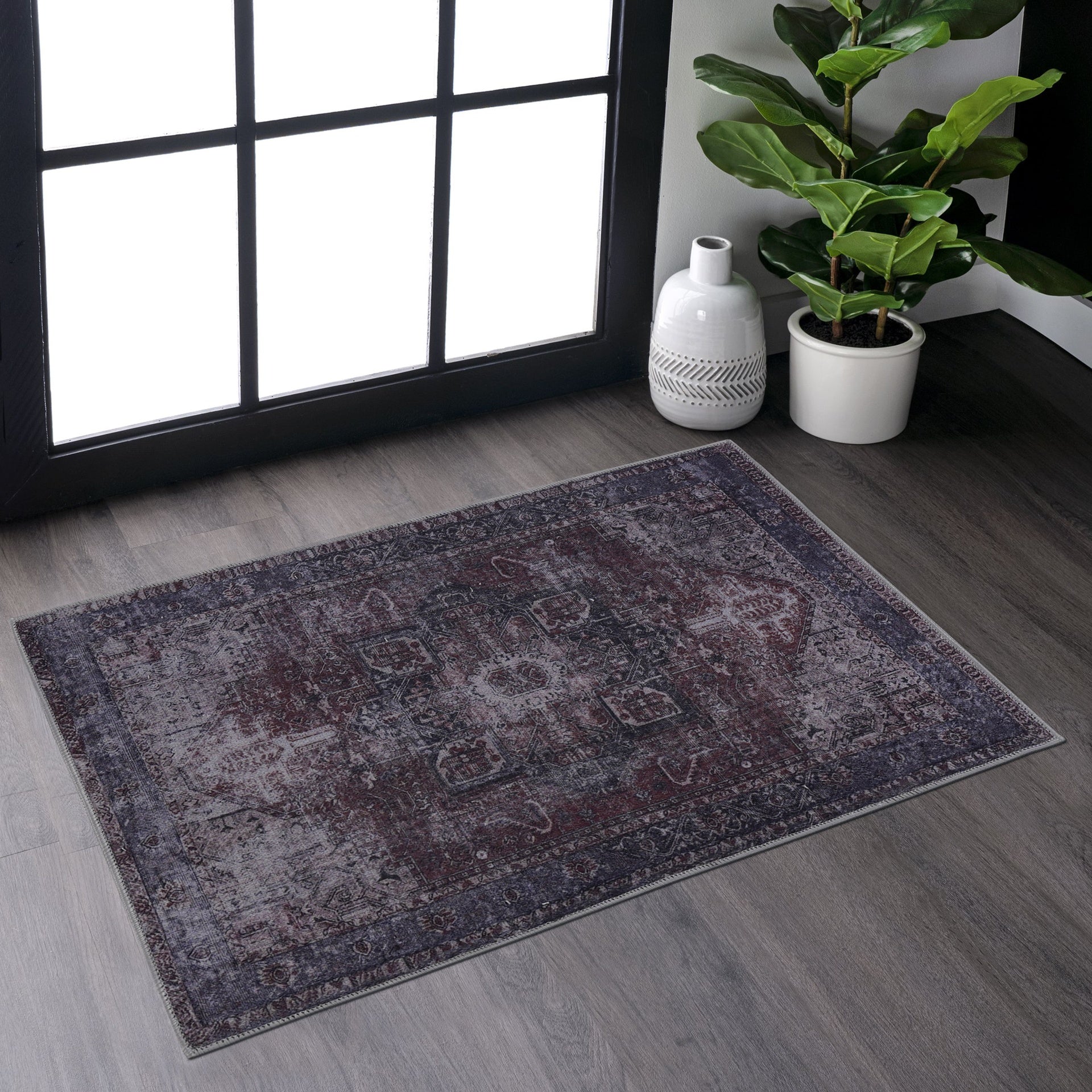 MAVAL Burgundy Washable Rug 2' x 3' Doormat Rug (Burgundy, 2' x 3')